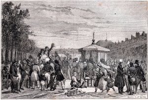 Leitura das decisões publicadas no jornal Moniteur nos jardins do Palácio Real de Paris em 26 de julho de 1830 durante a guerra civil - Revolução 1830 - Palestra des prescrições em Le Moniteur, au jardin du Palais-Royal, 26 de julho de 1830 às 19h. - de Unknown