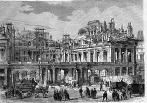 Obras de reconstrução do Palácio Real (Palais-Royal) em Paris. Gravura em "L