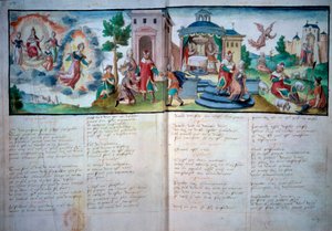 Teatro Religioso: "Paixão e Ressurreição", apresentado em Valenciennes, em 1547. Página manuscrita com aguarela, Paris, B.N. de Unknown artist
