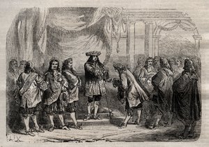 Rene Duguay Trouin (Duguay-Trouin) (Rene Trouin du Gue dit) (1673-1736) recebendo a cruz de Saint-Louis das mãos do Rei Luís XIV - gravura em "Dictionnaire populaire illustrious" - 1864 - de Joseph Decembre e Edmond Allonier - de Unknown artist