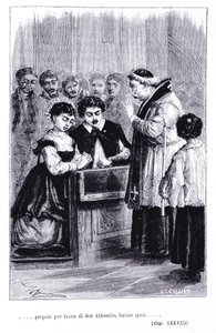 O casamento do Renzo e da Lucia. Gravação em "Les fiances" (I promessi Sposi) de Alessandro Manzoni (1785-1873) de Unknown artist