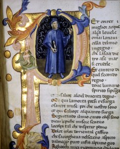 Representação numa lettrina do poeta Dante Alighieri (1265 - 1321), miniatura do século XIV. de Unknown artist
