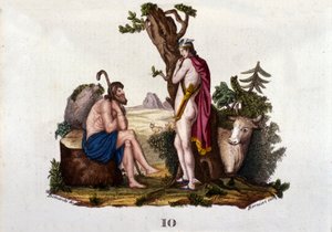 Representação de Argus e Io, transformada em vaca por Mercúrio. Placa retirada do "Dicionário de Mitologia" de 1888 de Unknown artist