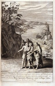 Representação de Aristipus de Cirene (435-356 AC) Filósofo grego discípulo de Sócrates, após o naufrágio que o atirou para a costa de Rodes, descobre traços geométricos na areia. Gravura do Livro XV dos "Elementos" de Euclides. 1591 de Unknown artist