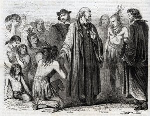Representação de Bartolome de las Casas (1484-1566) sacerdote dominicano, missionário com os índios" (Retrato de Bartolome de las Casas, frade dominicano e protetor dos índios - gravura de 1860 de Unknown artist