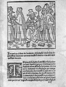 Representação de Diogene Laerce (120-240) (centro) rodeia vários pensadores e filósofos Página tirada de "Vidas, doutrinas e frases de filósofos ilustres" (Vitae Philosophorum) pelo poeta e historiador Diogene Laerce (120-240) 1495 de Unknown artist