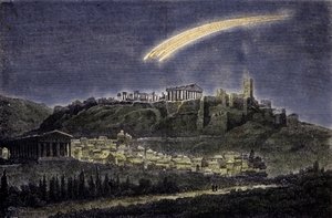 Representação de um cometa acima da cidade de Atenas em 1878. de Unknown artist