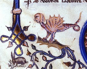 Representação de um fantástico animal mi homem mi dragão. Miniatura de um manuscrito do século XIV. de Unknown artist