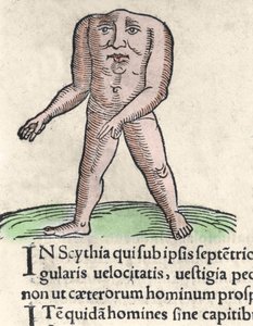 Representação de um membro da tribo Blemmyi em Núbia, descreve sem cabeça, sem pescoço, e rosto no tronco de Pliny a antiga gravura de "Prodigiorum ac ostentorum chronicon" de Conrad Lycosthenes (1518-1561). 1557. de Unknown artist