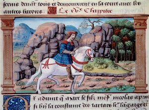 Representação do navegador veneziano Marco Polo (1254-1324) a cavalo" Miniatura extraída de "O Livro das Maravilhas" ("O Desvio do Mundo", "Il Milione") de Marco Polo (1254-1324). 1298. Paris, Biblioteca do Arsenal de Unknown artist
