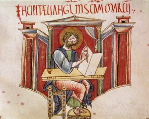 Representação do evangelista São Marcos Miniatura de um manuscrito dos monges beneditinos "Liber evangeliarum" do século XI ou XII Biblioteca Vallicelliana Roma de Unknown artist