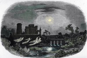 Representação dos fantasmas dos antigos senhores de Blandy les Tours, Seine e Marne (fantasmas que assombram o castelo de Blandy les Tours, Seine e Marne) Gravura de "Mysteres des vieux chateaux de France" de Unknown artist