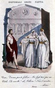 Representação dos intérpretes da primeira representação de "La Norma" de Vincenzo Bellini (1801 - 1835): da esquerda para a direita Domenico Donzelli (Pollione), Giuditta Grisi (Adalgisa) e Giuditta Pasta (Norma). 1833. de Unknown artist