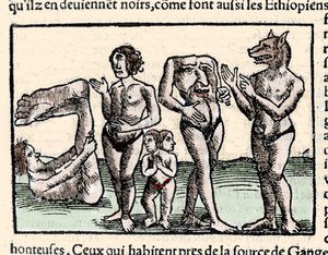 Representação dos monstros descritos por Amerigo Vespucci (1451-1512): da esquerda para a direita: um manópode, um ciclope, um homem com duas cabeças, um homem sem cabeça e um homem com cabeça de cão ou cynocephalus. Xilografia retirada do livro "Universal de Unknown artist