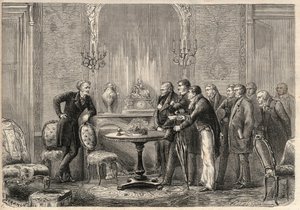 Representação da peça "Mercadet" (Le Faiseur) de Honore de Balzac (1799-1850) na Comedie Francaise. Acto III, Cena VI. Gravura em "L