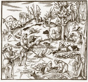 Rhabdomancy - rhabdomancie - Exploração de um campo mineiro usando a varinha de condão - Homens cortam e usam varas de adivinhação para localizar minerais - De "De re metallica" por Georgius Agricola (Georg Bauer), Basiléia de Unknown artist