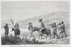 Richard Francis Burton, explorador britânico (1821-1890), e seus companheiros na África. Desenho ilustrando o artigo "Captain Burton
