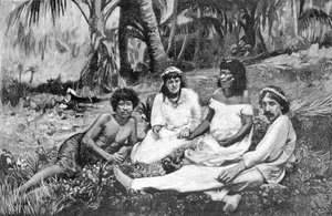 Robert Louis Stevenson (1850 - 1894) com sua esposa em Samoa, onde teve sua residência publicada em Vailima. Gravura por volta de 1890-1895. de Unknown artist