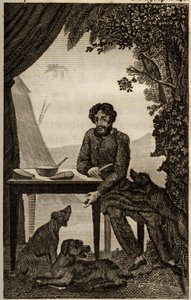 Os cães de Robinson Crusoe esperam que ele jogue algumas peças para comer, gravando inserido em "Les aventures de Robinson Crusoe" de Daniel Defoe (1660-1731), edição la librairie d