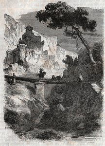 Rodomont derrotado por Bradamante - Gravura de 1851 de "Furious Roland" (Orlando furioso) (século XVI) de Ludovico Ariosto, conhecido como Ariosto - Edição traduzida do italiano pelo Conde de Tressan e publicada por Gustave Harvard 1851 de Unknown artist