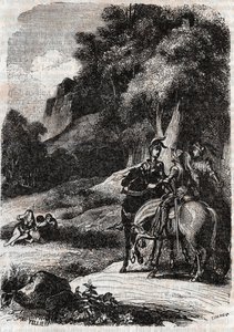 Roger (Ruggero, Ruggiero), Marphise (Marfisa) e as três mulheres - gravura de 1851 de "Roland furieux" (Orlando furioso) (século XVI) de Ludovico Ariosto, chamada Ariosto - Edição traduzida do italiano pelo Conde de Tressan e publicada por de Unknown artist