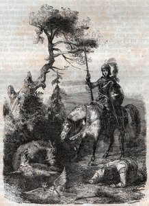 Roger (Ruggero, Ruggiero) faz uso do escudo encantador - gravura de 1851 de "Furious Roland" (Orlando furioso) (século XVI) de Ludovico Ariosto, conhecido como Ariosta - Edição traduzida do italiano pelo Conde de Tressan e publicada por de Unknown artist