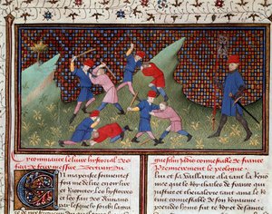 Roman de Ogier, o dinamarquês: o combate com a mão e com o bastão em miniatura retirado de "Chronicle of Bertrand du Guesclin" (Ms 490) 1405 Musee Conde, Chantilly de Unknown artist