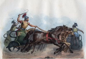 Raça carruagem romana ou raça Biga (Bige) - gravura de "Usos e costumes de todos os povos do Universo". Ou História do governo, leis, milícias, religião de todas as nações desde os tempos mais remotos até aos dias de hoje" 1856 de Unknown artist