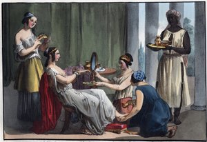 Senhora romana no seu banheiro - gravura de "Usos e costumes de todos os povos do Universo". Ou História do Governo, Leis, Milícias, Religião de todas as Nações desde os tempos mais remotos até ao dia de hoje" 1856 de Unknown artist