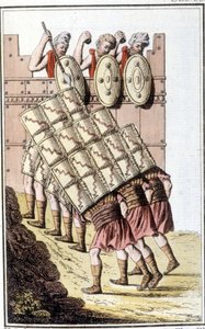 Soldados romanos (legião romana) manobrando e se defendendo com seus escudos. Gravura desde o início do século XIX de Unknown artist
