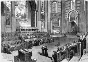 Roma 1869, primeira reunião do Concílio Ecumênico de 1869, realizada em 9 de dezembro na parte direita do transepto da Igreja de São Pedro. de Unknown artist