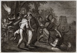 Bíblia de Royaumont, Novo Testamento: A prisão de Jesus Cristo ou o beijo de Judas. Os soldados vêm para prender Cristo no Jardim das Oliveiras. São Pedro corta a orelha de um deles. Ilustração de 1811. de Unknown artist