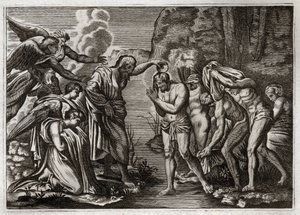Bíblia de Royaumont, Novo Testamento: Baptismo de Jesus Cristo. São João Batista batizando Jesus Cristo nas águas do rio Jordão. Ilustração de 1811. de Unknown artist