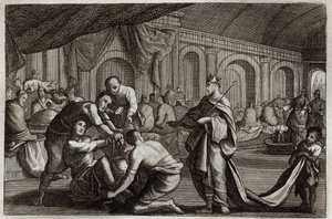 Bíblia de Royaumont, Novo Testamento: Vestido de noiva. Parábola de um rei que fez o casamento de seu filho, da qual ele rejeitou um homem que não tinha o vestido de noiva. Ilustração de 1811. de Unknown artist