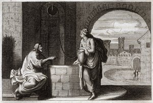 Bíblia de Royaumont, Novo Testamento: Cristo e Samaritano no Poço. Jesus Cristo converte uma mulher samaritana. Ilustração de 1811. de Unknown artist