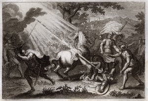Bíblia de Royaumont, Novo Testamento: Conversão de S. Paulo a caminho de Damasco. Ele ouve a voz de Jesus Cristo que lhe diz "Salgueiro, Salgueiro, que me persegue" (Saulo, Saulo, por que me persegues?) e um cavalo cai. Ilustração de 1811. de Unknown artist