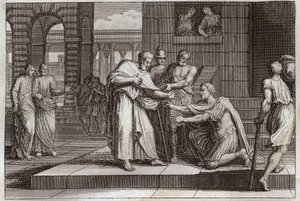 Bíblia de Royaumont, Novo Testamento: Cornelius baptiza. Coroar o centurião recebe a fé de Jesus Cristo, e é batizado por São Pedro. Ilustração de 1811. de Unknown artist