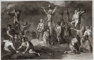 Bíblia de Royaumont, Novo Testamento: Crucificação de Jesus Cristo. A Virgem Maria, Santa Maria Madalena e São João aos pés da cruz, São Longino Centurião (São Longino) com a sua lança, soldados tocando a túnica de Cristo. Nos lados, repr de Unknown artist
