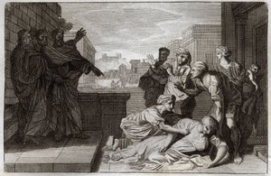 Bíblia de Royaumont, Novo Testamento: Morte de Anania e de sua esposa Saphire antes de São Pedro e São João. Ilustração de 1811. de Unknown artist