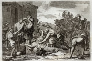 Bíblia de Royaumont, Novo Testamento: Morte de Santo Estêvão, primeiro mártir cristão, por apedrejamento. Ilustração de 1811. de Unknown artist