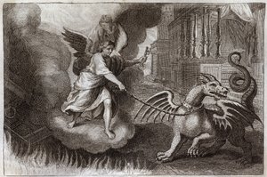 Bíblia de Royaumont, Novo Testamento: Correntes de Dragões. O Dragão do Apocalipse, símbolo do Diabo, é acorrentado por um Anjo segurando a chave do abime. Ilustração de 1811. de Unknown artist