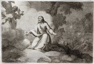 Bíblia de Royaumont, Novo Testamento: Jesus Cristo no Jardim (oração no Monte das Oliveiras). Um anjo segurando um cálice aparece a Jesus. Os apoters de São Pedro, São João e São Tiago estão dormindo. Ilustração de 1811. de Unknown artist