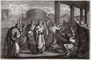 Bíblia de Royaumont, Novo Testamento: Lame gueri. São Paulo guerreia um coxo e prende um povo que queria sacrificar-se a ele como a um Deus. Ilustração de 1811. de Unknown artist