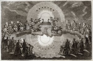Bíblia de Royaumont, Novo Testamento: Céu Aberto. Um trono aparece rodeado por um leão, um boi, um homem e uma águia (tetramorfo) e sete lâmpadas. Vinte e quatro idosos sentados em tronos rodeiam esta visão. Ilustração de 1811. de Unknown artist