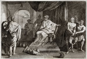 Bíblia de Royaumont, Novo Testamento: Parábola dos Talentos. Um mestre castiga um de seus servos que escondeu o dinheiro que ele lhe deu. Ilustração de 1811. de Unknown artist