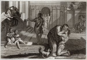 Bíblia de Royaumont, Novo Testamento: Parábola da Criança Prodigal. O filho volta para casa depois de ter saído e perdido todos os seus bens. Ele vem para pedir perdão ao pai. Ilustração de 1811. de Unknown artist