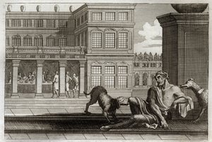 Bíblia de Royaumont, Novo Testamento: Parábola dos ricos maus representa à mesa nas costas e Lázaro, o mendigo, cujos cães dos ricos lambem as feridas. Ilustração de 1811. de Unknown artist