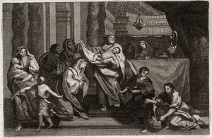 Bíblia de Royaumont, Novo Testamento: Purificação da Virgem ou apresentação no Templo. A Sagrada Família oferece Jesus Cristo ao Templo e entrega-o a Symeon (ou Simeão ou Simão). Uma mulher segura duas pombas em uma cesta. Ilustração de 1811. de Unknown artist