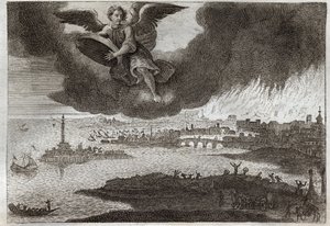 Bíblia de Royaumont, Novo Testamento: Ruína da Babilónia. Babilônia em chamas, um anjo atira uma pedra ao mar, simbolizando a destruição desta cidade durante o Apocalipse. Ilustração de 1811. de Unknown artist