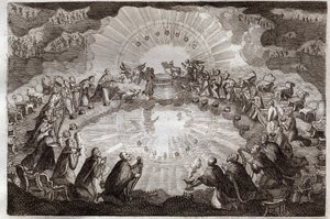 Bíblia de Royaumont, Novo Testamento: Sete selos do livro aberto pelo Cordeiro. Os vinte e quatro anciãos prostram-se diante do trono cercados por um leão, um boi, um homem e uma águia (tetramorfa) e sete lâmpadas. Ilustração de 1811. de Unknown artist